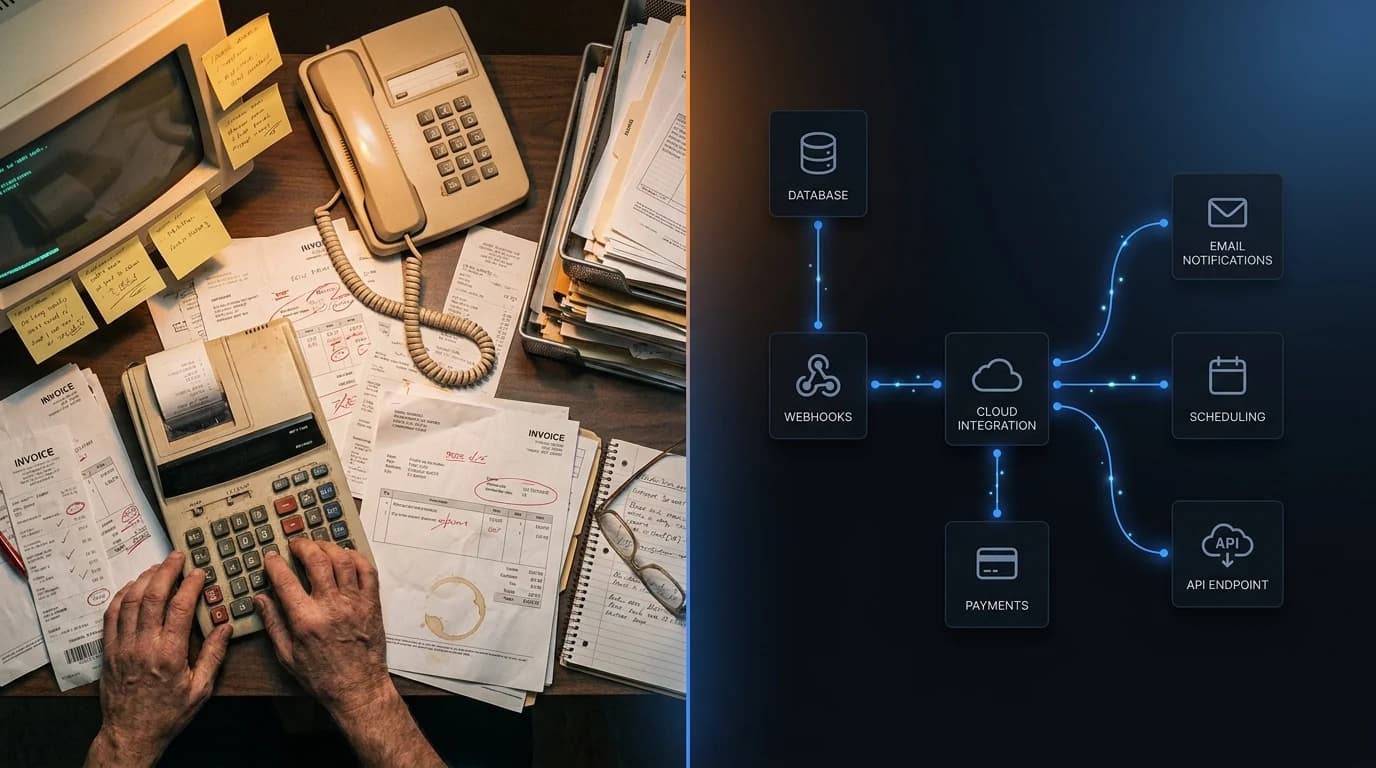 Automatización — Integraciones · Flujos · Sin operación manual